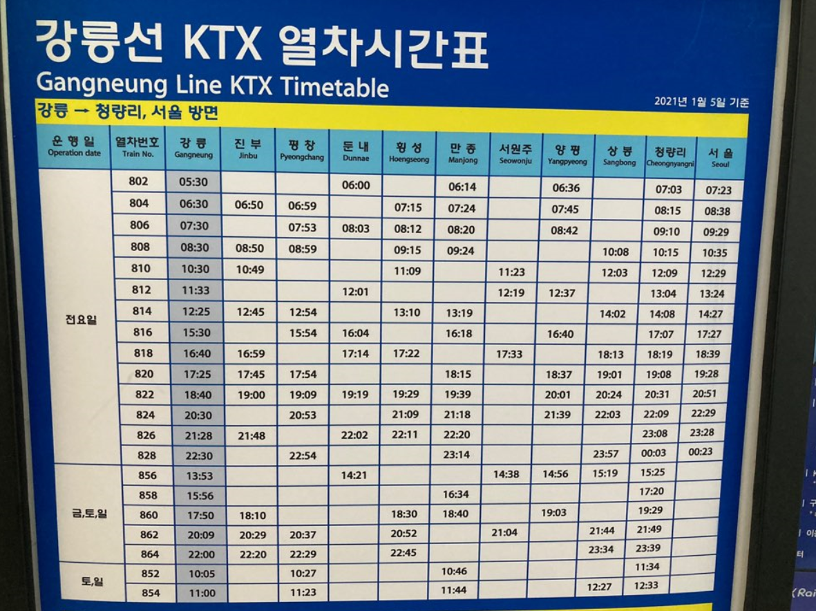 강릉선ktx열차시간표